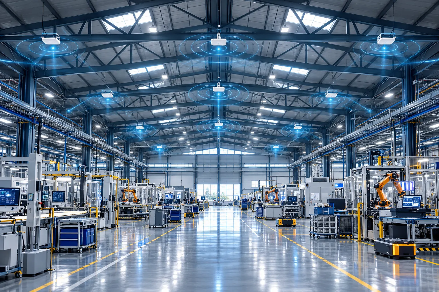 Smart manufacturing facility with industrial Wi-Fi 7 access points, robotic work cells and connected production lines